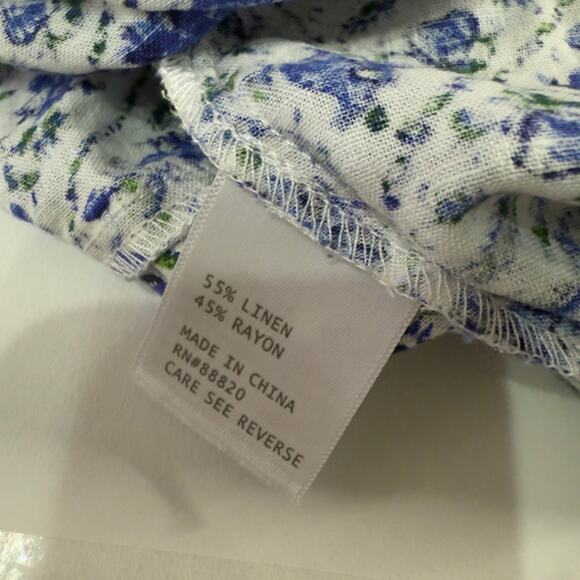 Nicole Miller M NEW Blue Floral Print Linen Cropped Balloon Sleeve Top - Picture 7 of 9